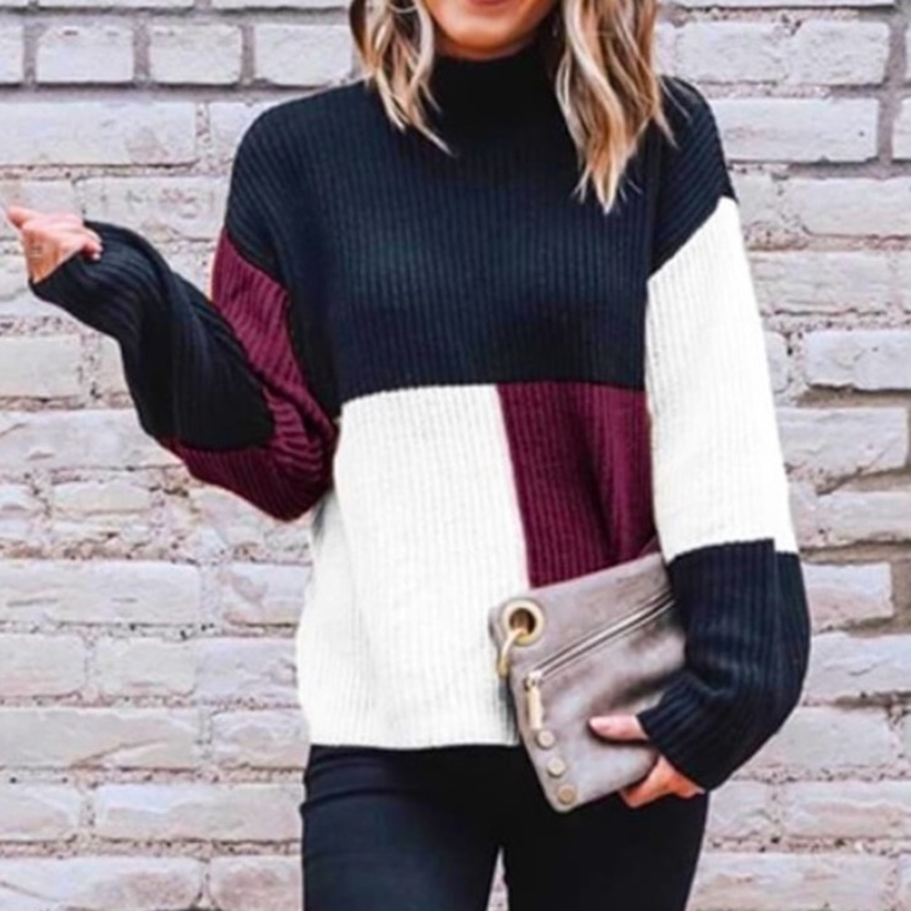 Color Blocks Patchwork Long Sleeve Rib Knit 🧶 Knitted Soft Wine Red Sweater